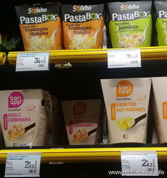 Ready-made food in supermarkets in Paris, pasta in a box